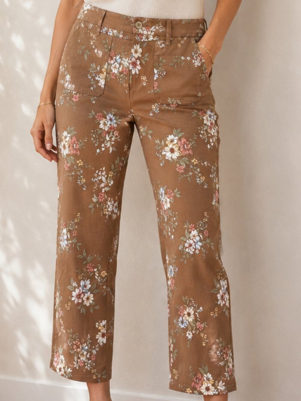 Haver & Blair Pants Wide Floral Size XL Tan Brown Crop Ankle